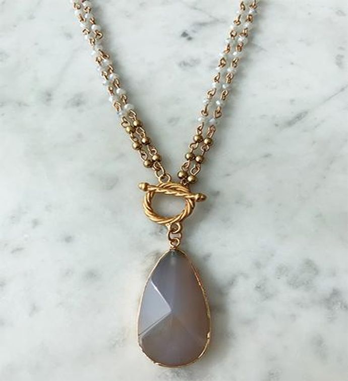White Crystal Layered Necklace With Natural Stone Moonstone Drop